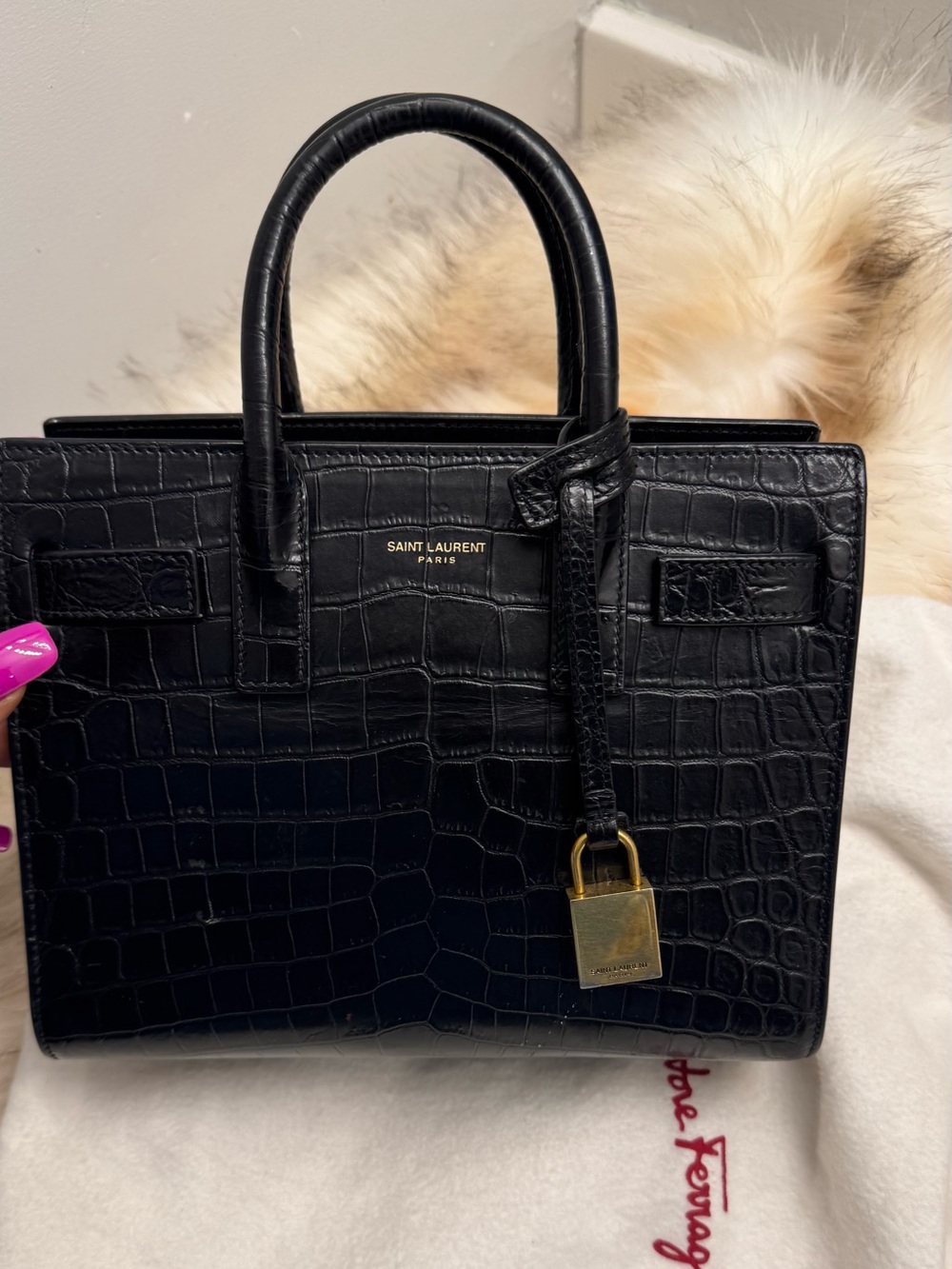 YSL Croc-Embossed Leather Top Handle nano sac de jour bag